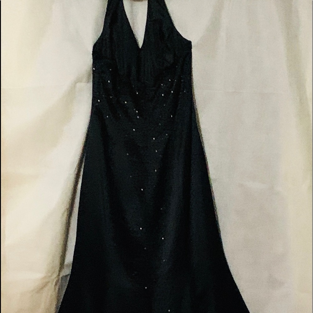 Black halter neckline backless beaded formal dress